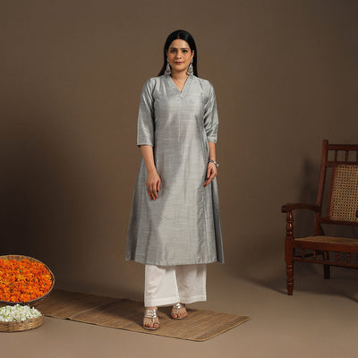 Grey Slub Silk A-Line Plain Kurta with Hand Embroidery