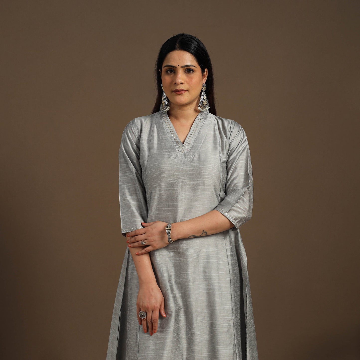 Grey Slub Silk A-Line Plain Kurta with Hand Embroidery