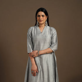 Grey Slub Silk A-Line Plain Kurta with Hand Embroidery