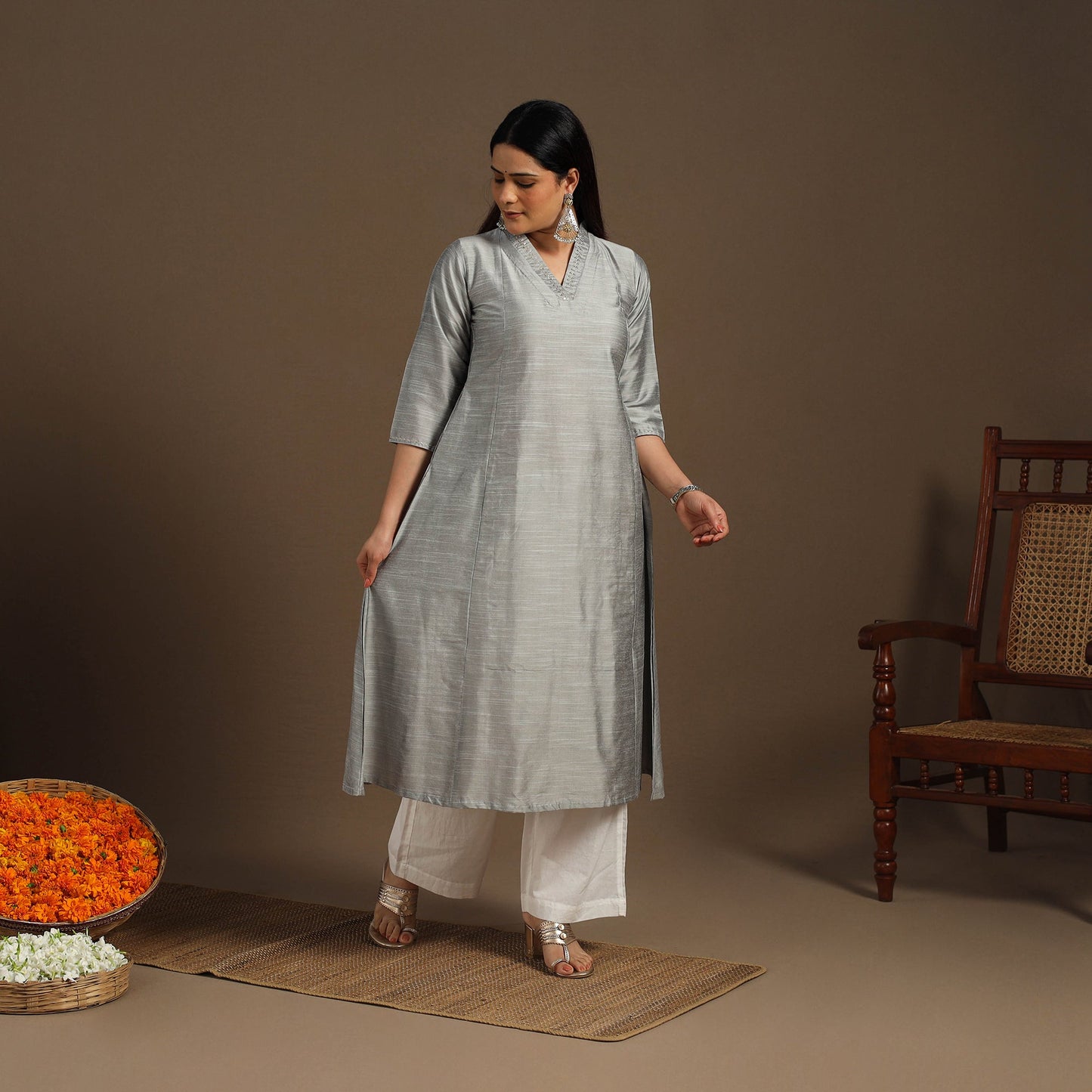 Grey Slub Silk A-Line Plain Kurta with Hand Embroidery