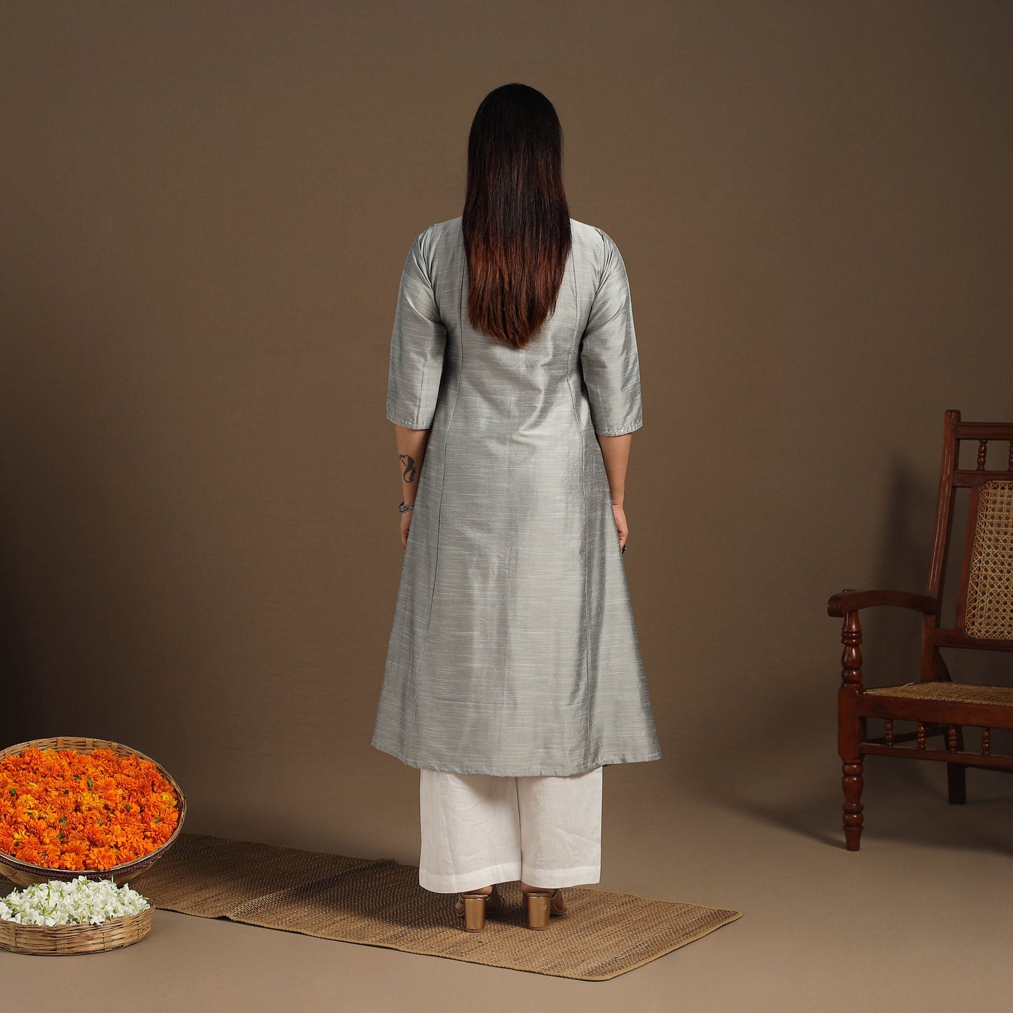 Grey Slub Silk A-Line Plain Kurta with Hand Embroidery