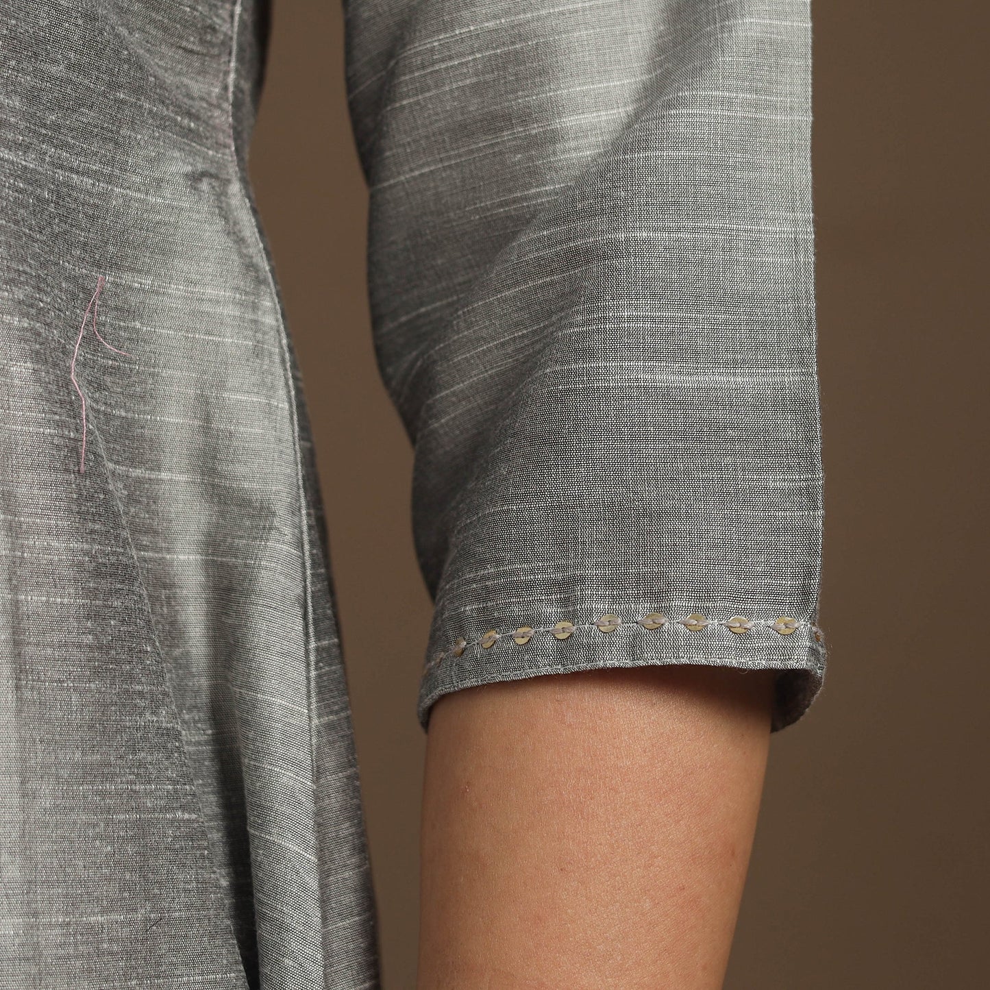 Grey Slub Silk A-Line Plain Kurta with Hand Embroidery