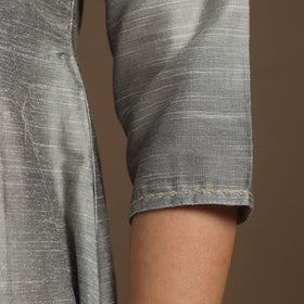 Grey Slub Silk A-Line Plain Kurta with Hand Embroidery