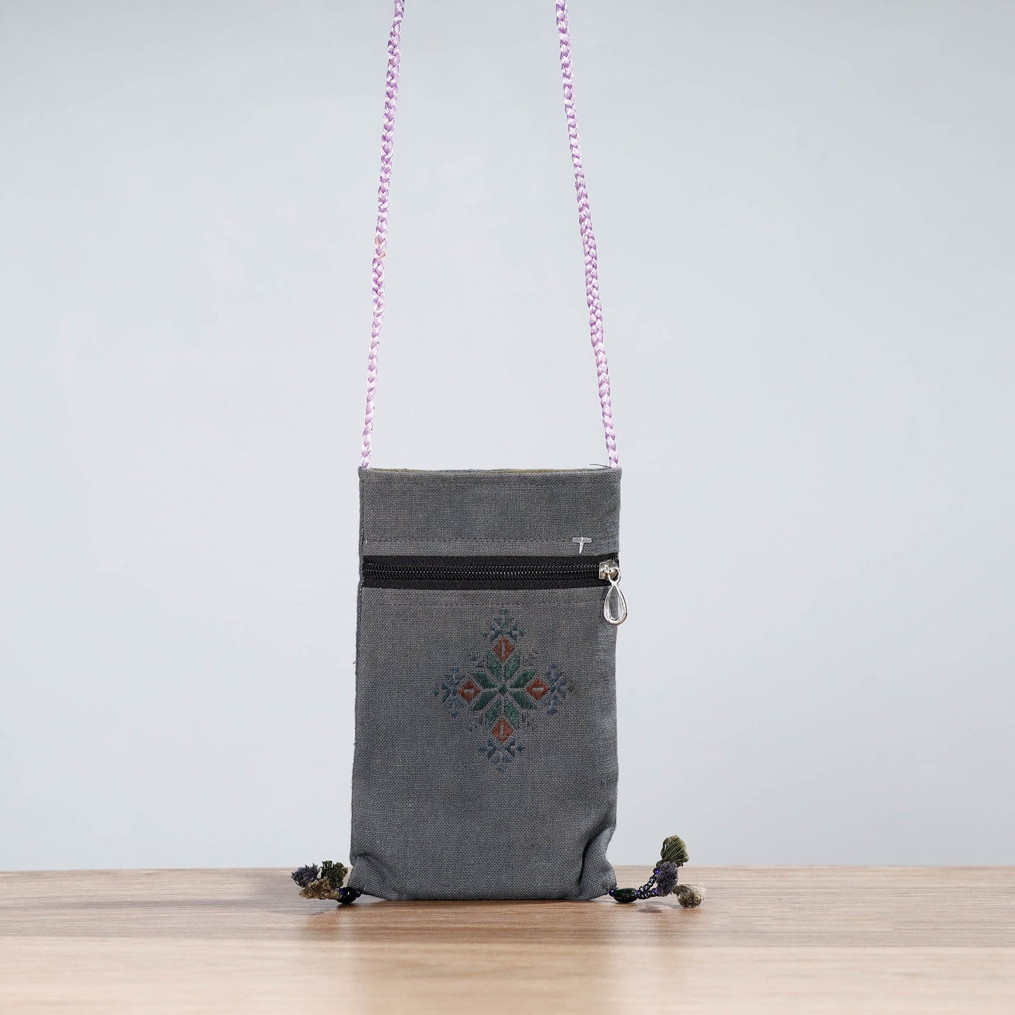 Grey Soof Hand Embroidery Sling Mobile Pouch 