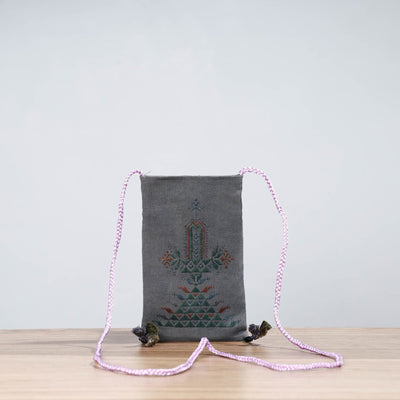Grey Soof Hand Embroidery Sling Mobile Pouch 