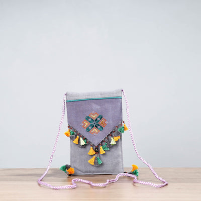 Grey Soof Hand Embroidery Sling Mobile Pouch 