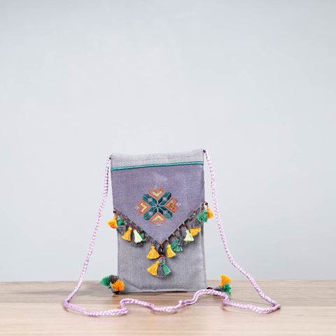 Grey Soof Hand Embroidery Sling Mobile Pouch 