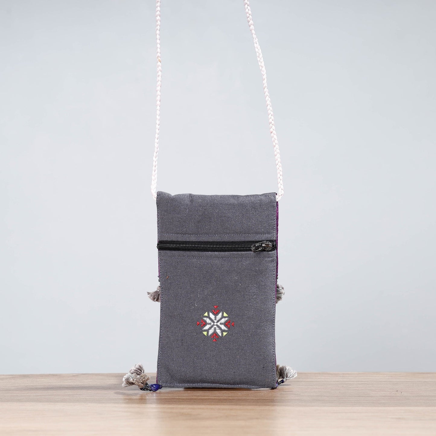 Grey Soof Hand Embroidery Sling Mobile Pouch 
