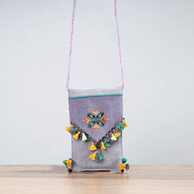 Grey Soof Hand Embroidery Sling Mobile Pouch 
