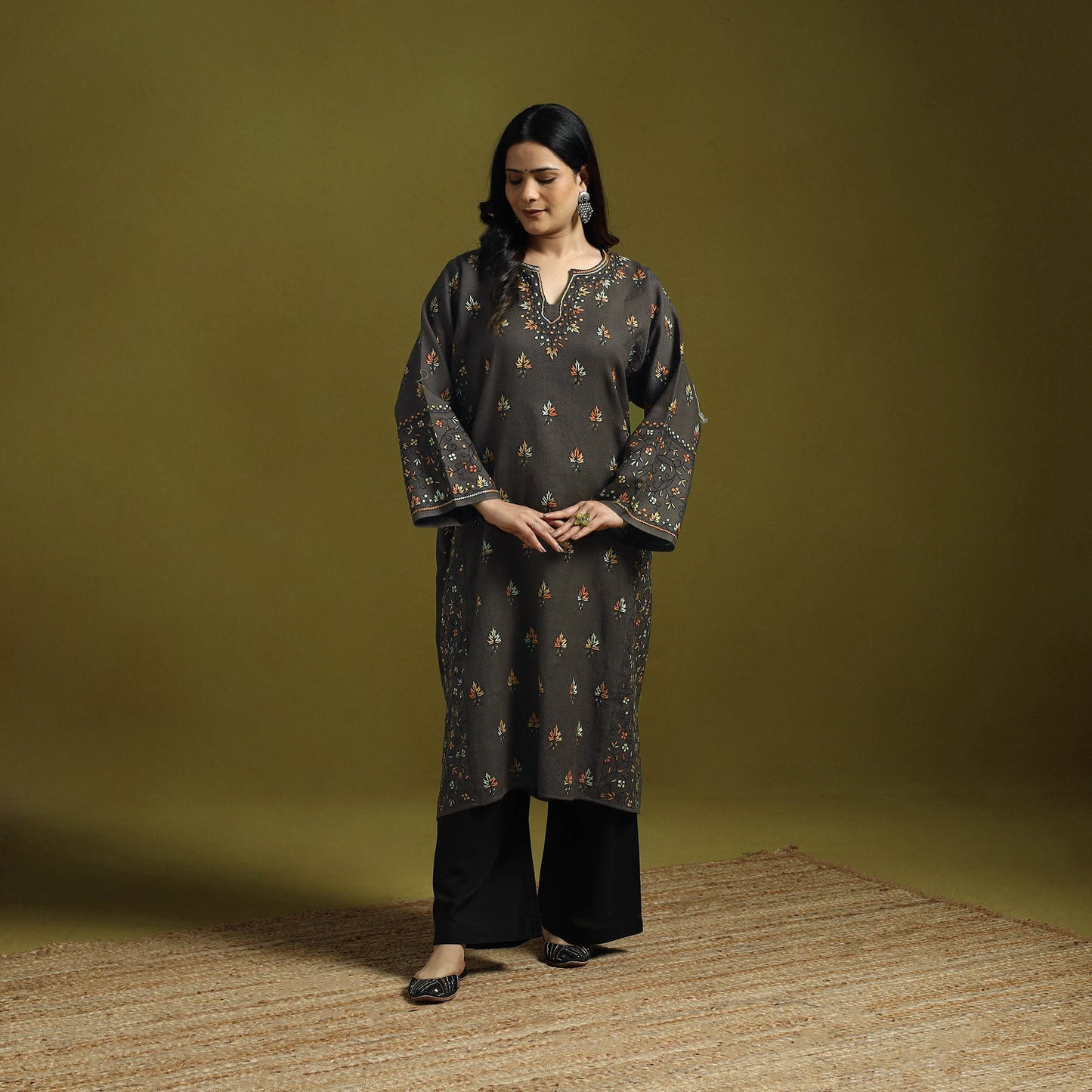 Grey - sozni heavy hand embroidery kashmiri merino wool