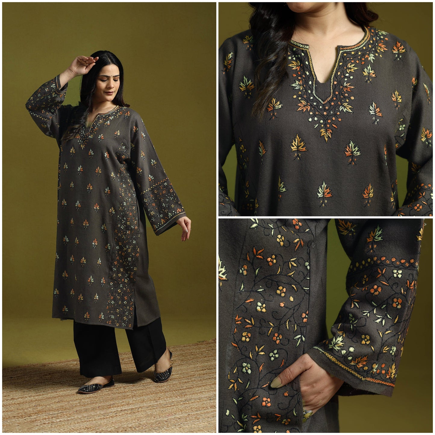 Grey - sozni heavy hand embroidery kashmiri merino wool