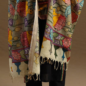 Grey Pen Work Chanderi Silk Handpainted Kalamkari Dupatta