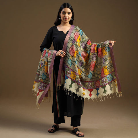 Grey Pen Work Chanderi Silk Handpainted Kalamkari Dupatta