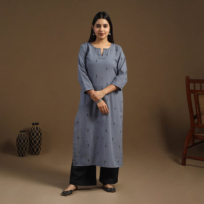 Grey Straight Cotton Jacquard Kurta for Women