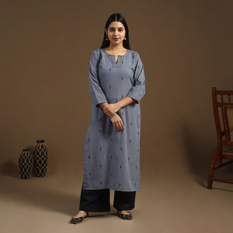 Grey Straight Cotton Jacquard Kurta for Women
