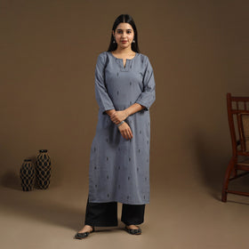 Grey Straight Cotton Jacquard Kurta for Women