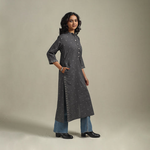Grey - straight cotton jacquard kurta 06 - handcrafted
