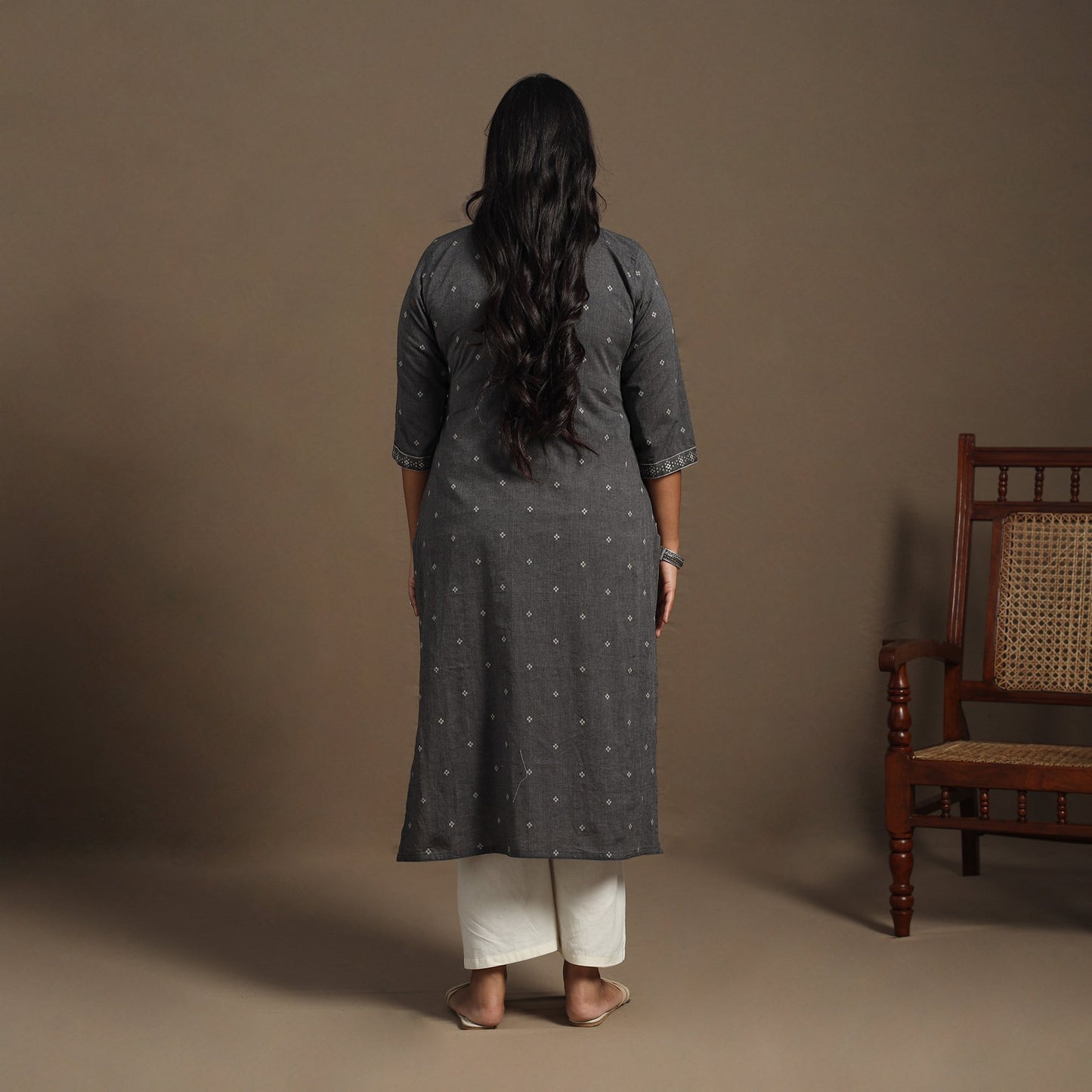 Grey Straight Cotton Jacquard Kurta