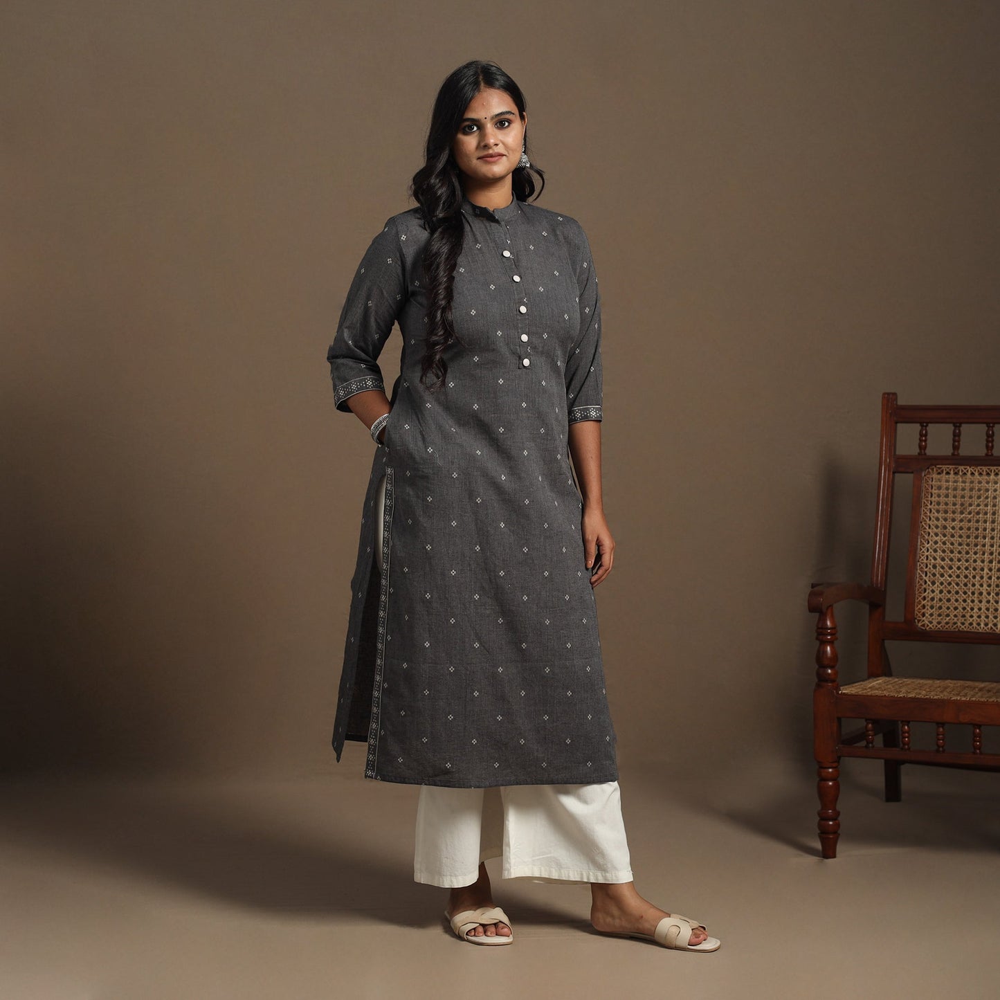 Grey Straight Cotton Jacquard Kurta