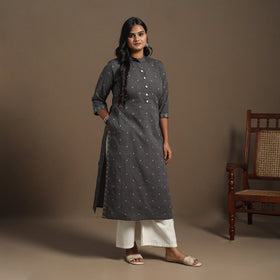 Grey Straight Cotton Jacquard Kurta