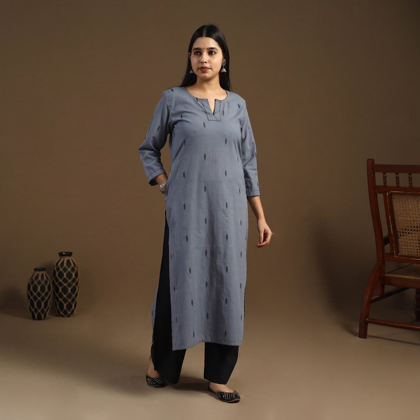 Grey Straight Cotton Jacquard Kurta for Women