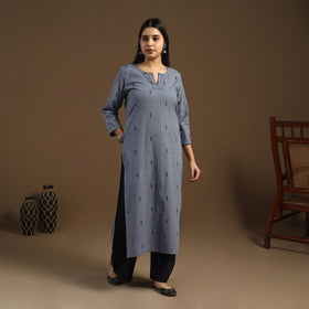 Grey Straight Cotton Jacquard Kurta for Women