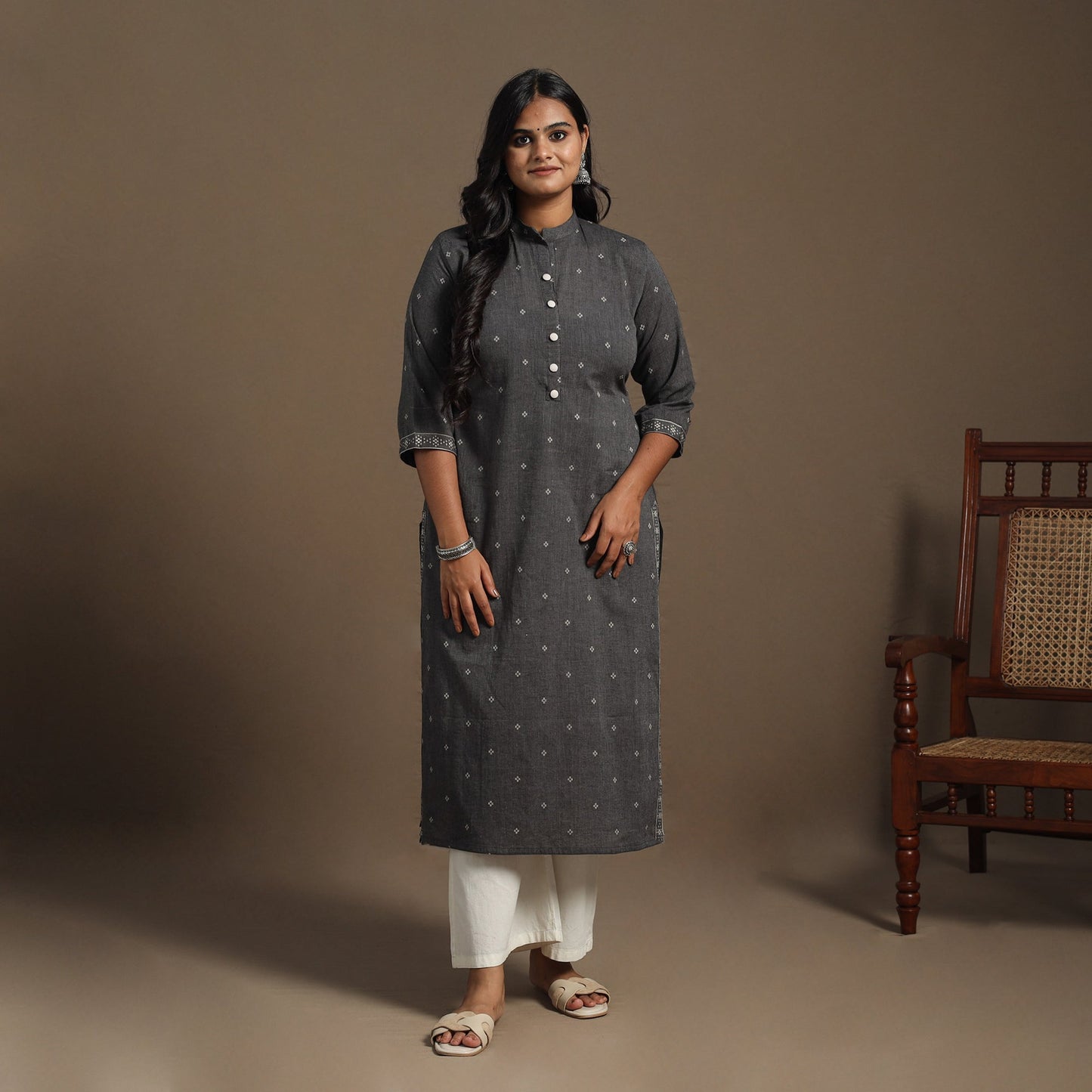 Grey Straight Cotton Jacquard Kurta