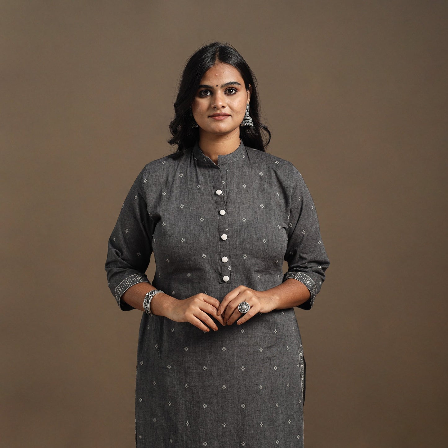 Grey Straight Cotton Jacquard Kurta