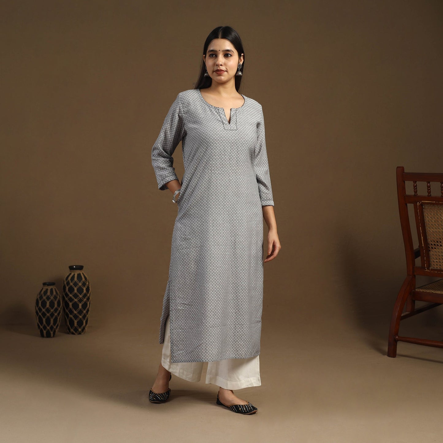 Grey Straight Cotton Jacquard Kurta for Women