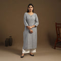 Grey Straight Cotton Jacquard Kurta for Women