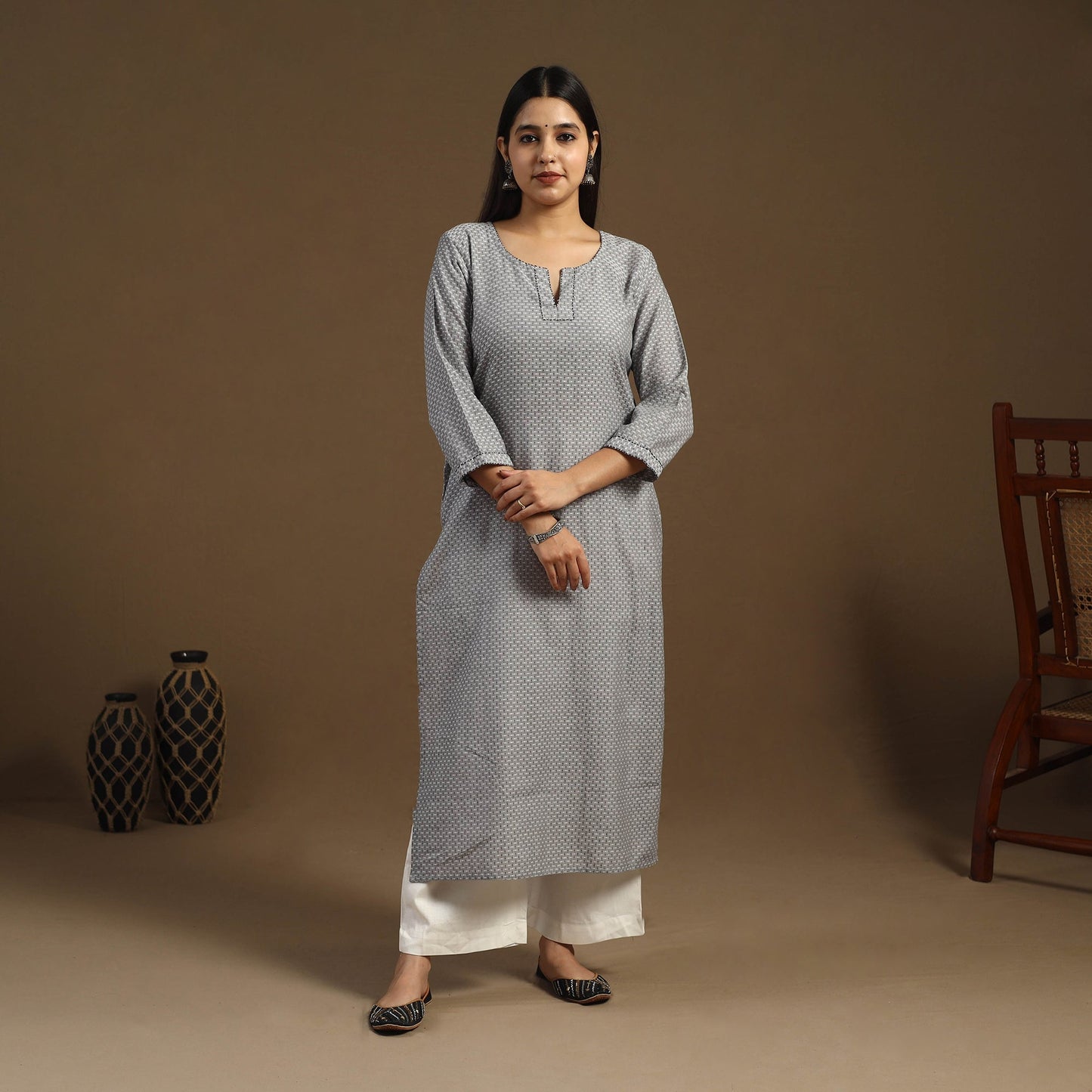 Grey Straight Cotton Jacquard Kurta for Women