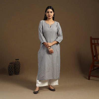 Grey Straight Cotton Jacquard Kurta for Women