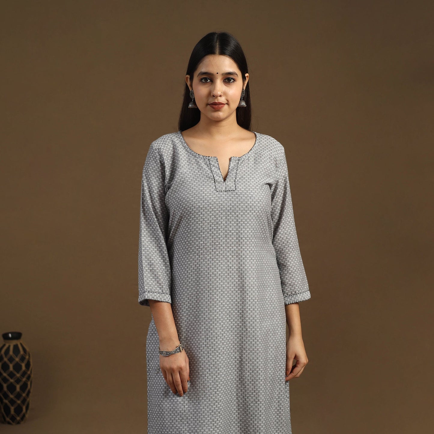 Grey Straight Cotton Jacquard Kurta for Women