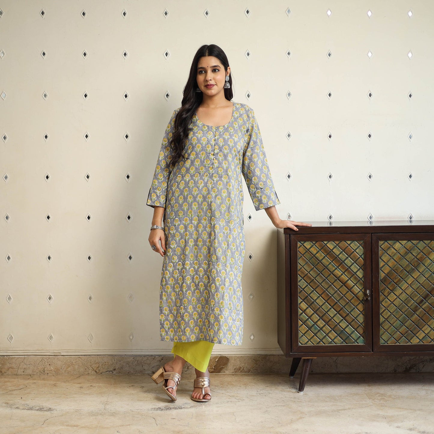  Grey Straight Cotton Block Print Sanganeri Kurta