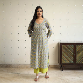  Grey Straight Cotton Block Print Sanganeri Kurta