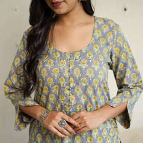  Grey Straight Cotton Block Print Sanganeri Kurta