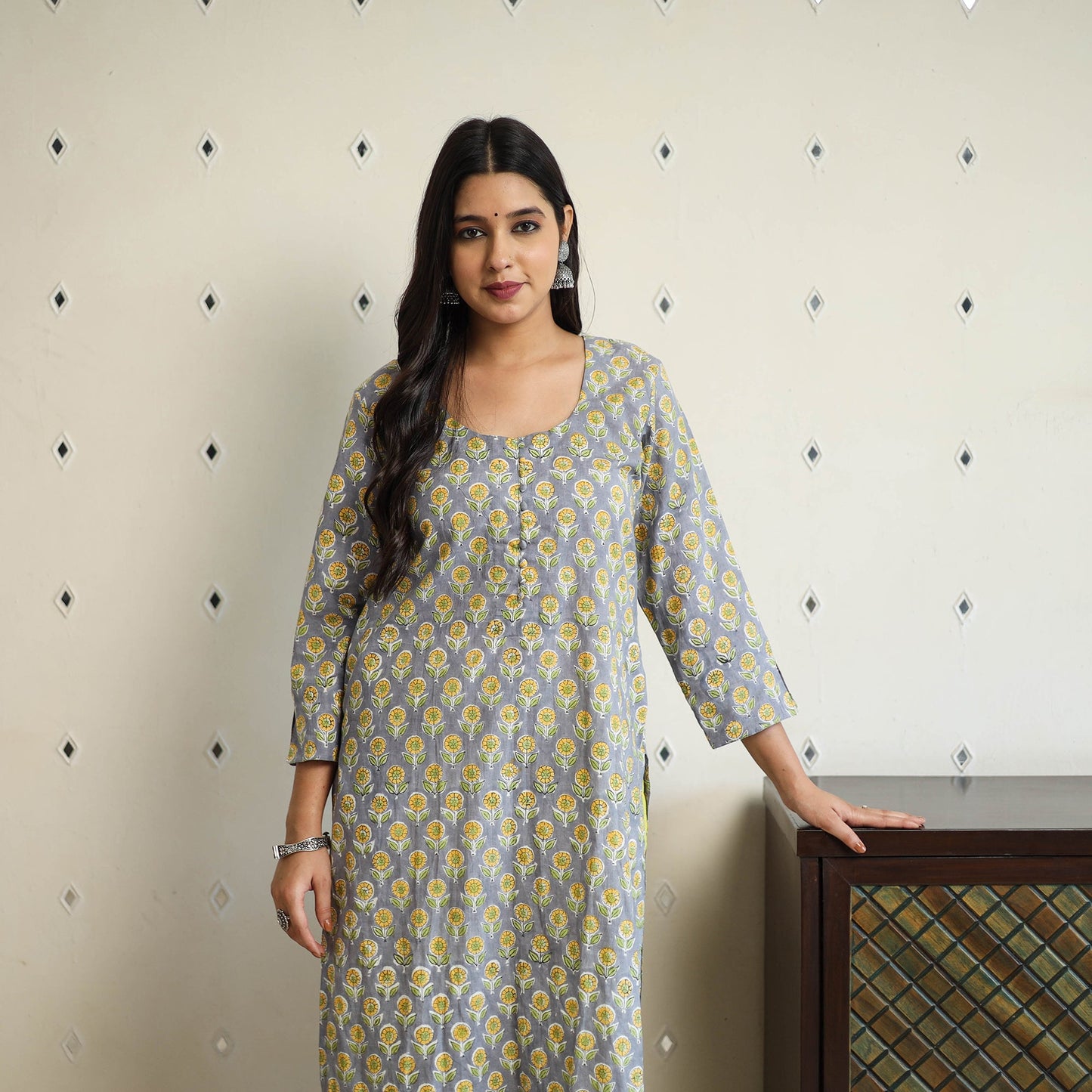  Grey Straight Cotton Block Print Sanganeri Kurta