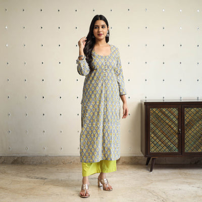  Grey Straight Cotton Block Print Sanganeri Kurta