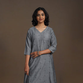 Grey - thread buti work cotton plain kurta set (set of 2)