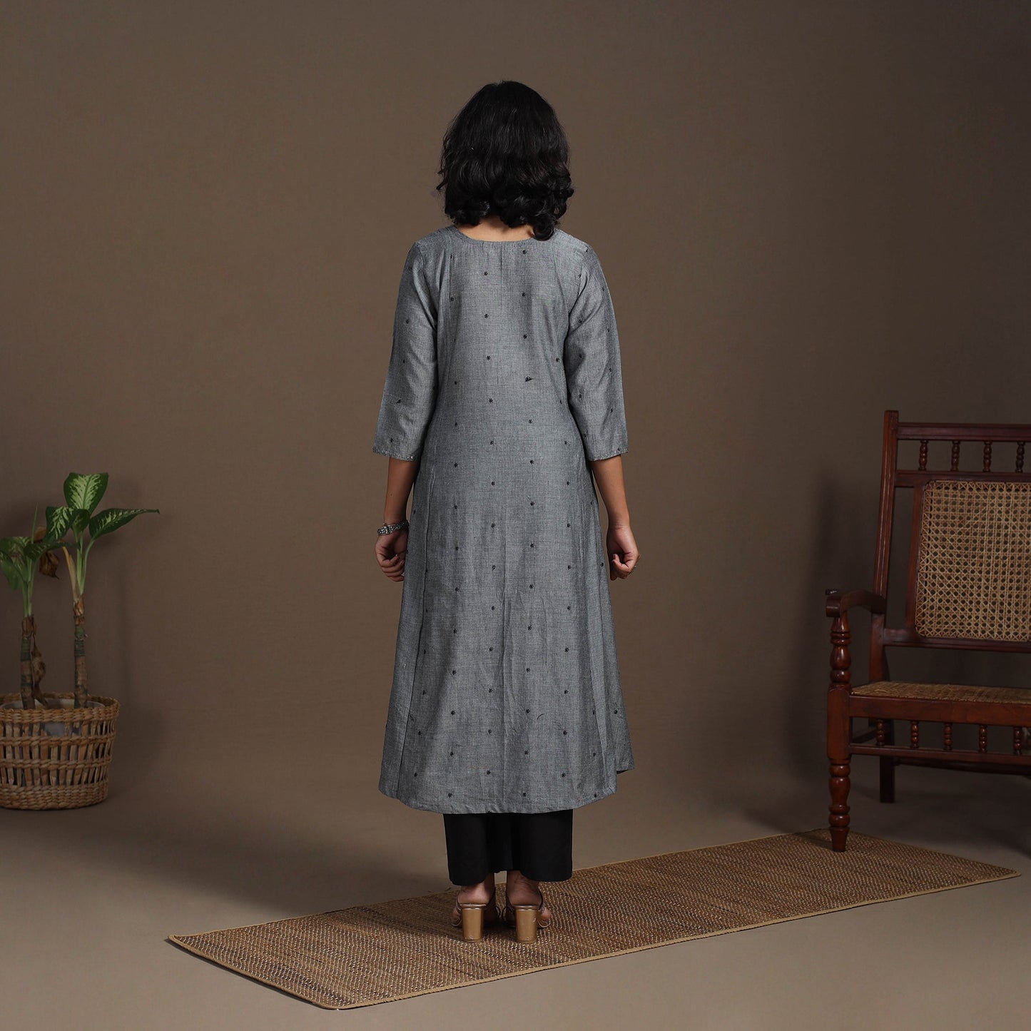 Grey - thread buti work cotton plain kurta set (set of 2)