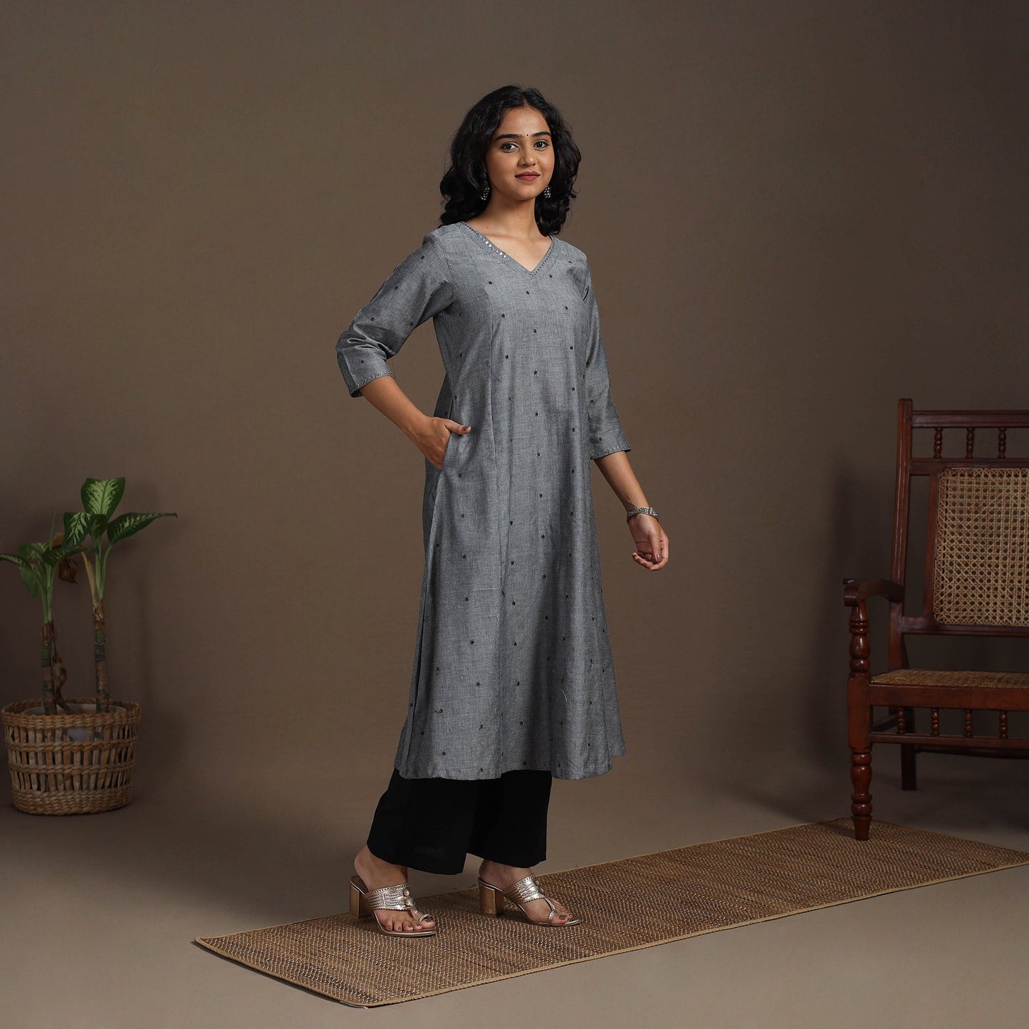 Grey - thread buti work cotton plain kurta set (set of 2)