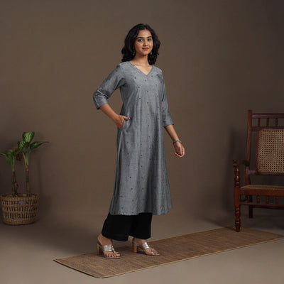 Grey - thread buti work cotton plain kurta set (set of 2)