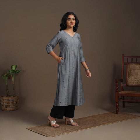 Grey - thread buti work cotton plain kurta set (set of 2)