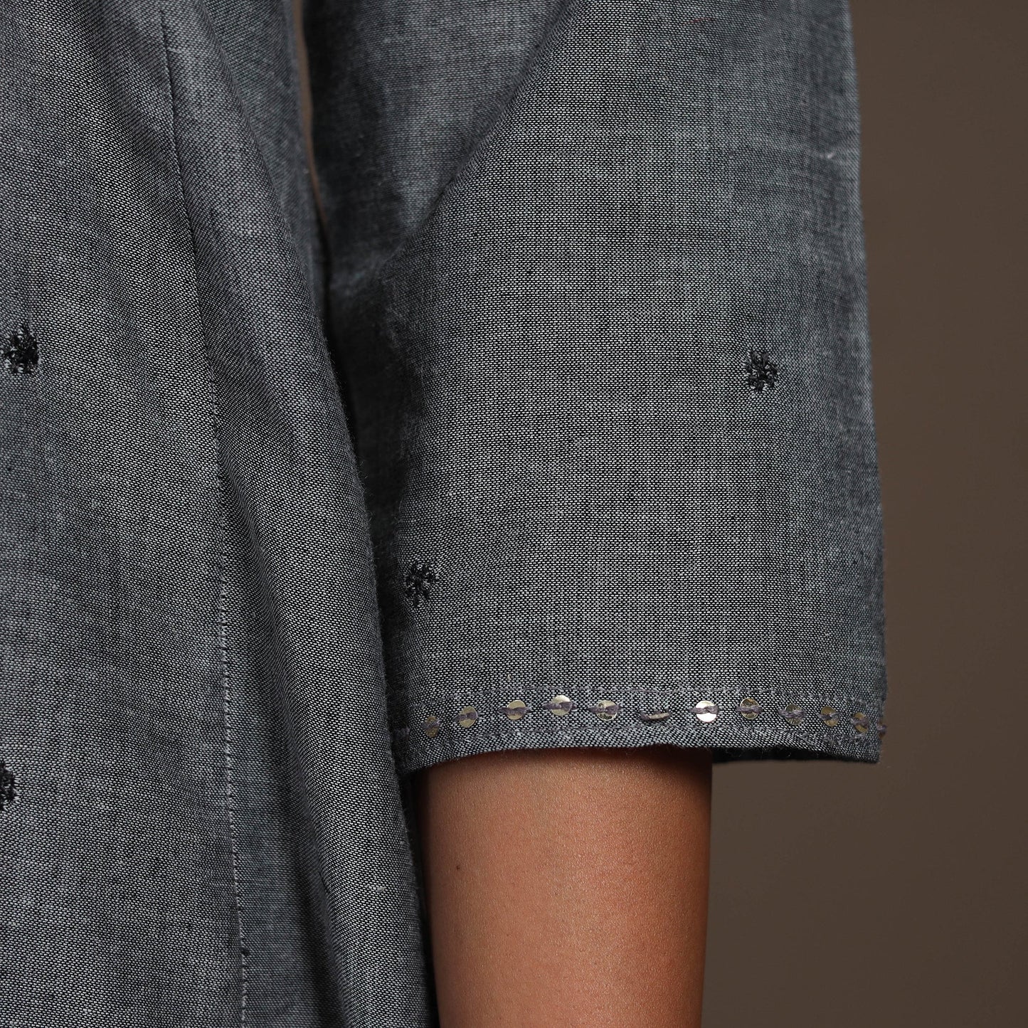 Grey - thread buti work cotton plain kurta set (set of 2)