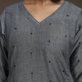 Grey - thread buti work cotton plain kurta set (set of 2)