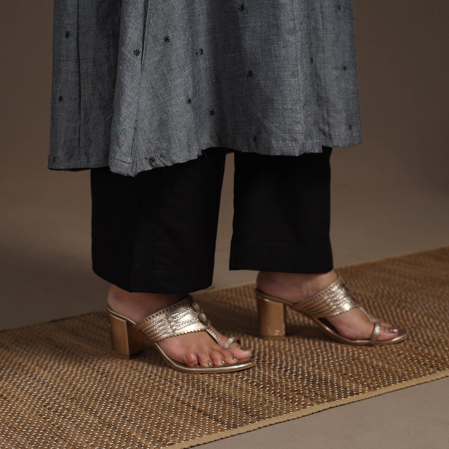 Grey - thread buti work cotton plain kurta set (set of 2)