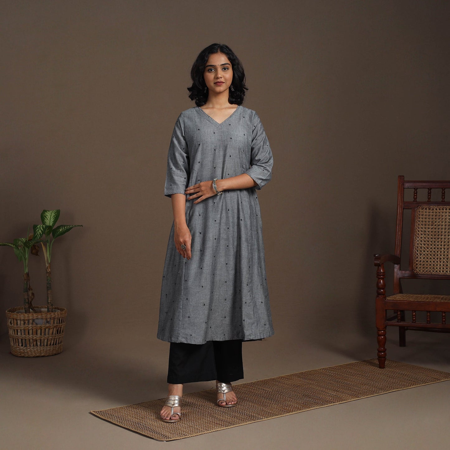Grey - thread buti work cotton plain kurta set (set of 2)