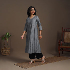 Grey - thread buti work cotton plain kurta set (set of 2)