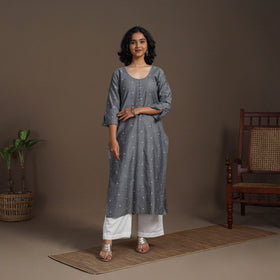 Grey Thread Buti Work Cotton Plain Kurta Set (Set of 2)