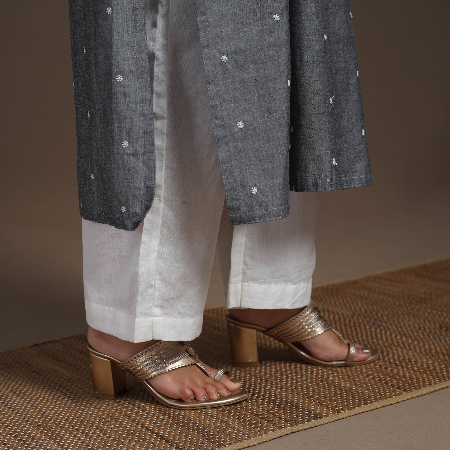 Grey Thread Buti Work Cotton Plain Kurta Set (Set of 2)